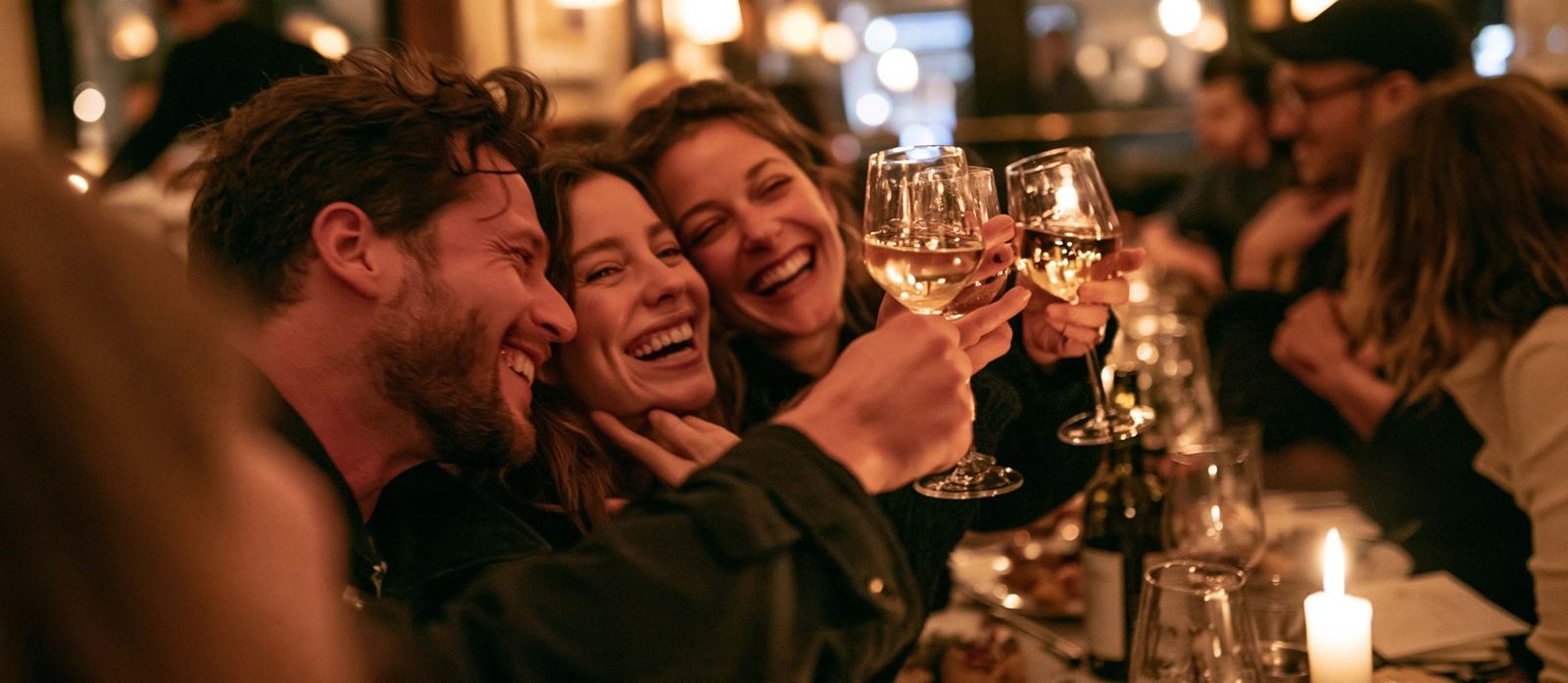 Friends raising a toast over dinner at Bistro Moulin