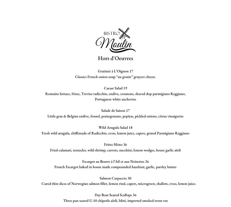 The Bistro Moulin dinner menu